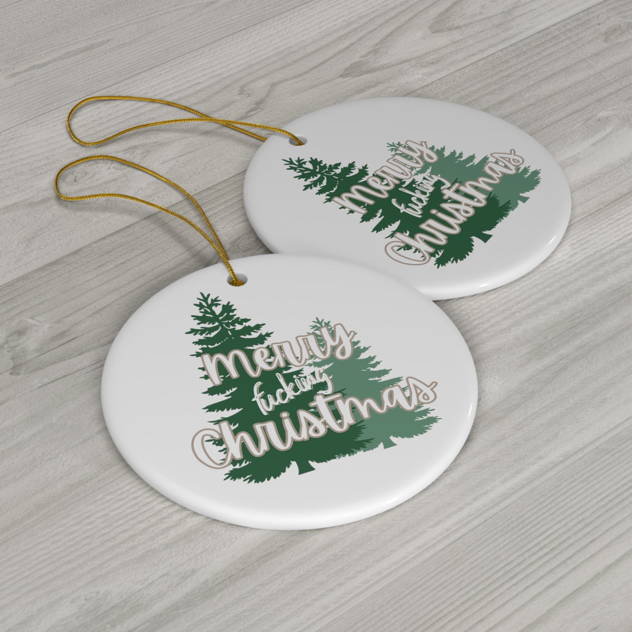  Merry Fucking Christmas (Green Trees) Ceramic Ornament, Sweary Christmas Ornament, Funny Porcelain Decoration, Holiday Decor Home Decor