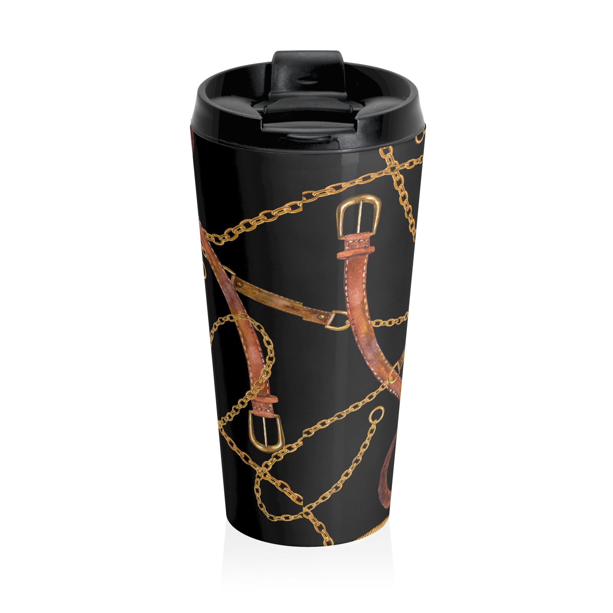  Chains and Leather Black Insulated Stainless Steel Travel Mug, 15oz Patterned Coffee Cup, Cute Travel Mug, Stainless Steel Cup Travel Mug