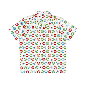 Groove Collection Trilogy of Icons Pattern (Red, Green, Blue) White Unisex Gender Neutral Button Up Shirt, Hawaiian Shit