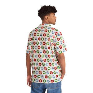 Groove Collection Trilogy of Icons Pattern (Red, Green, Blue) White Unisex Gender Neutral Button Up Shirt, Hawaiian Shirt