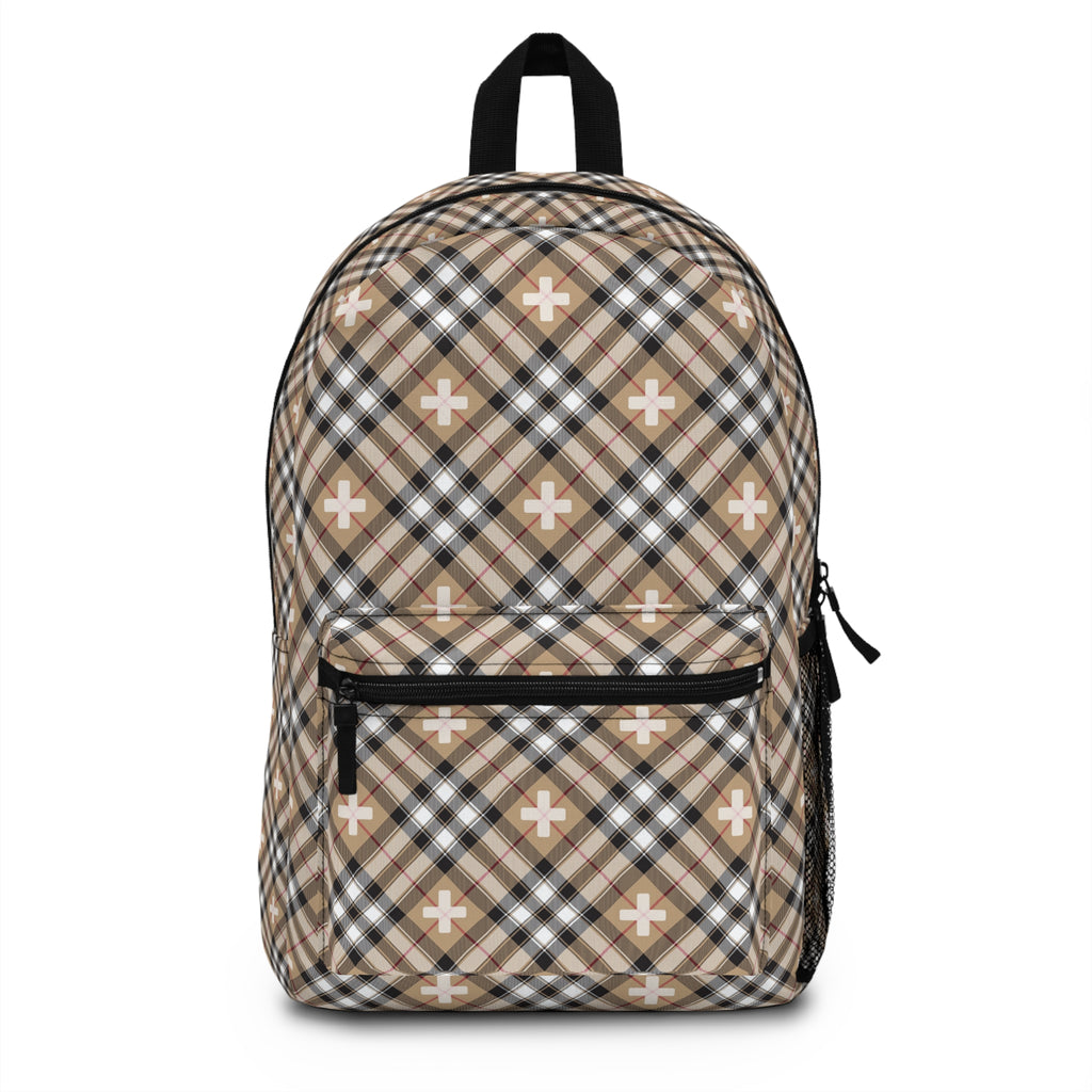  Abby Beige Pattern "Plus Sign" Backpack, Unisex Plaid Backpack BagsOnesize