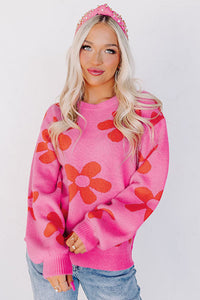 Groove Bloom Rose Big Flower Knit Ribbed Trim Sweater