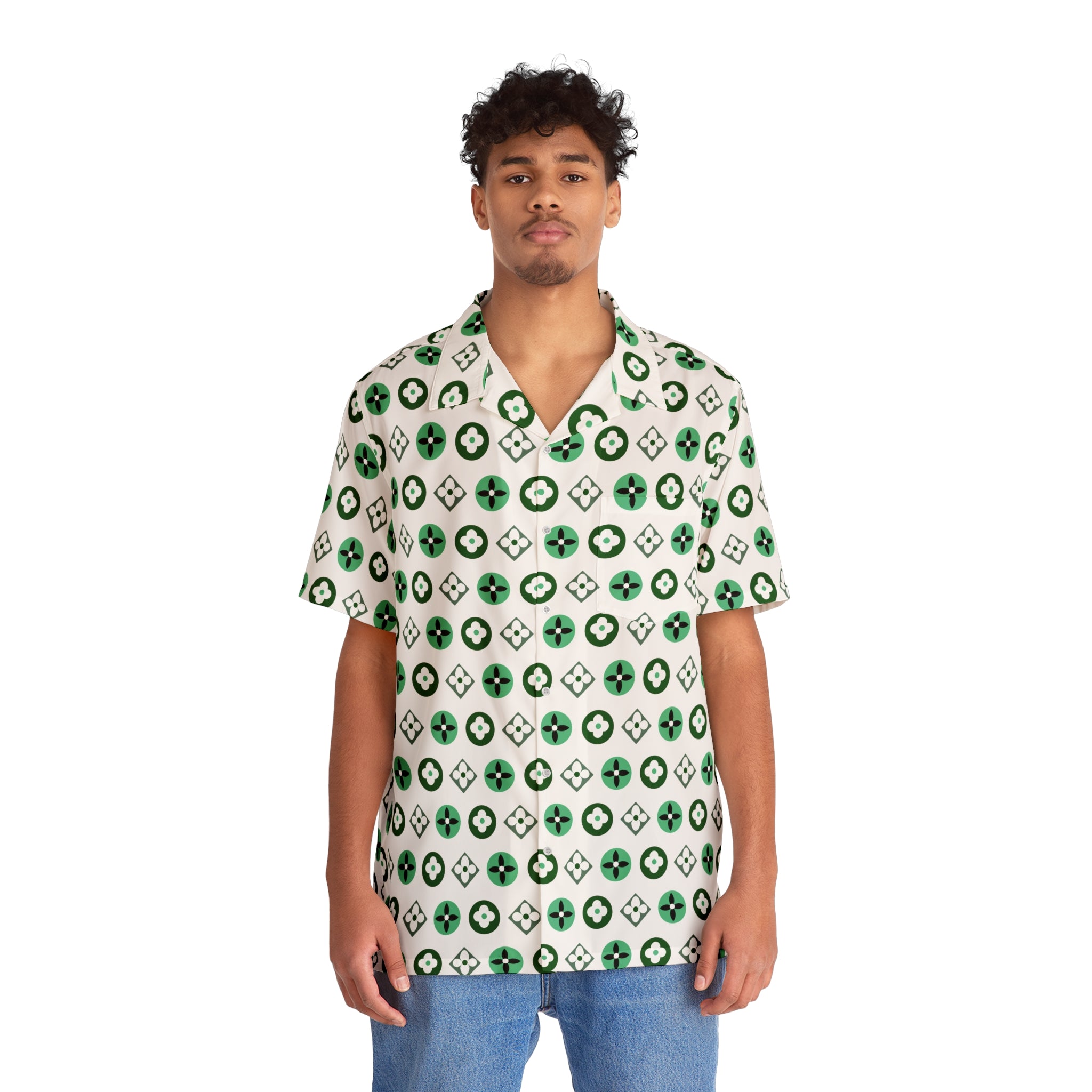 Groove Collection Trilogy of Icons Pattern (Greens) White Unisex Gender Neutral Button Up Shirt, Hawaiian Shirt