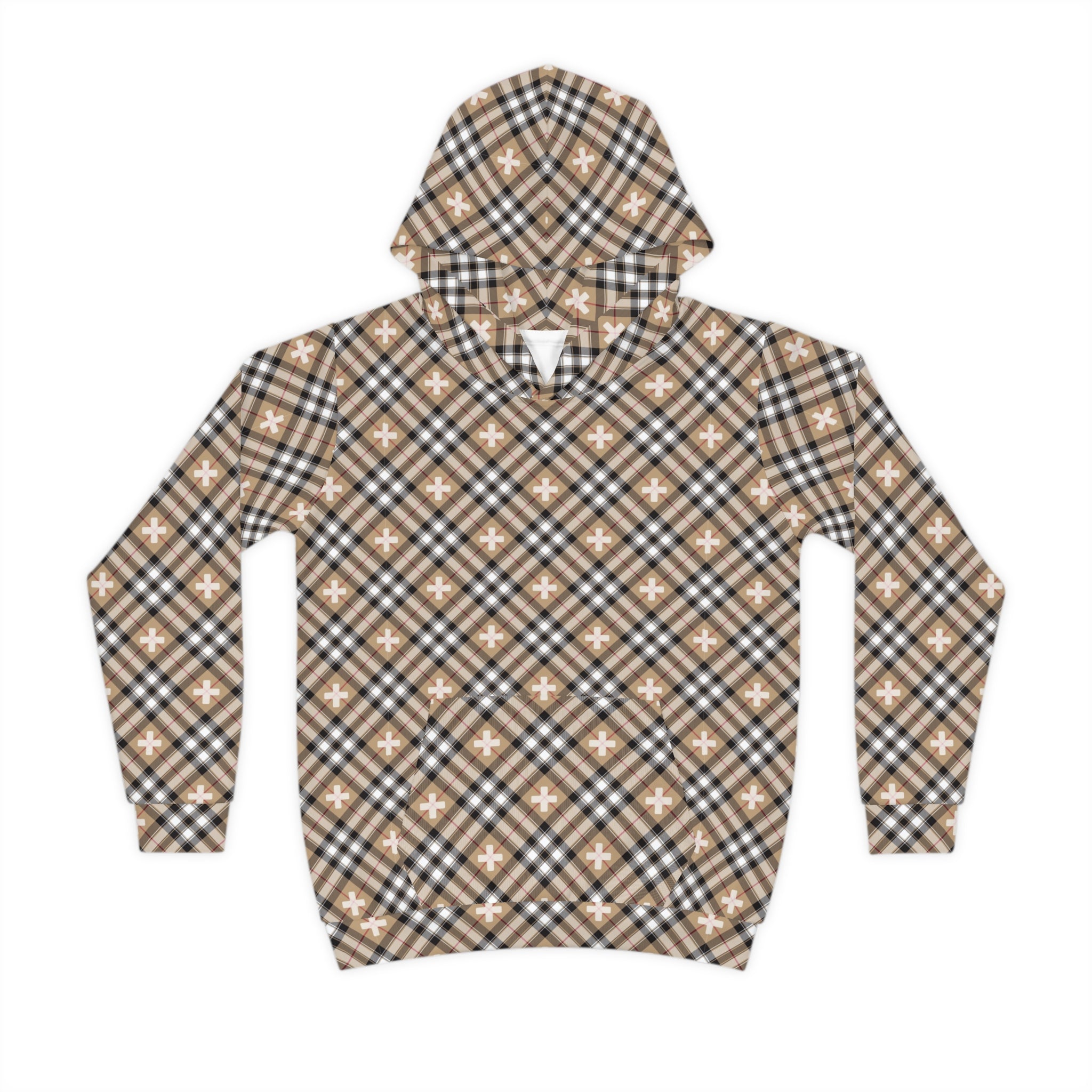 Beige Plaid Plus Sign Children's Hoodie, Pullover Sweater for Children, Kids Fashion Wear - The Middle Aged Groove