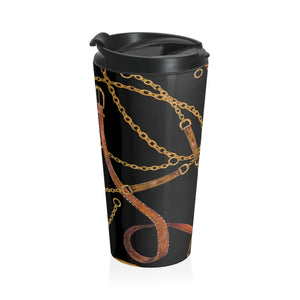  Chains and Leather Black Insulated Stainless Steel Travel Mug, 15oz Patterned Coffee Cup, Cute Travel Mug, Stainless Steel Cup Travel Mug