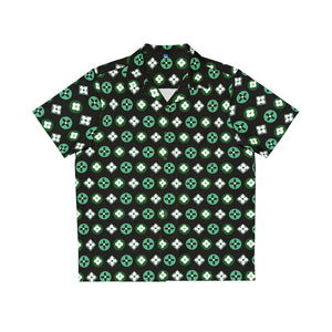 Groove Collection Trilogy of Icons Pattern (Greens) Black Unisex Gender Neutral Button Up Shirt, Hawaiian Shirt