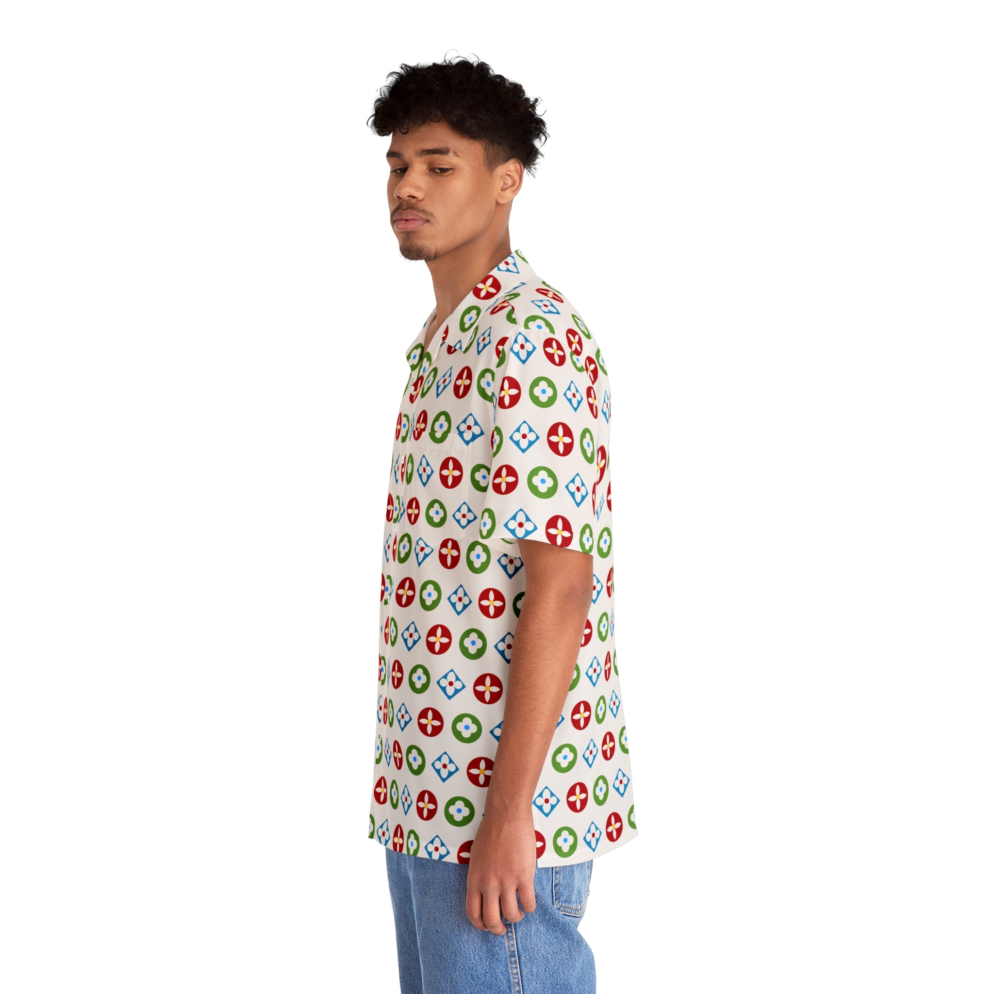 Groove Collection Trilogy of Icons Pattern (Red, Green, Blue) White Unisex Gender Neutral Button Up Shirt, Hawaiian Shirt
