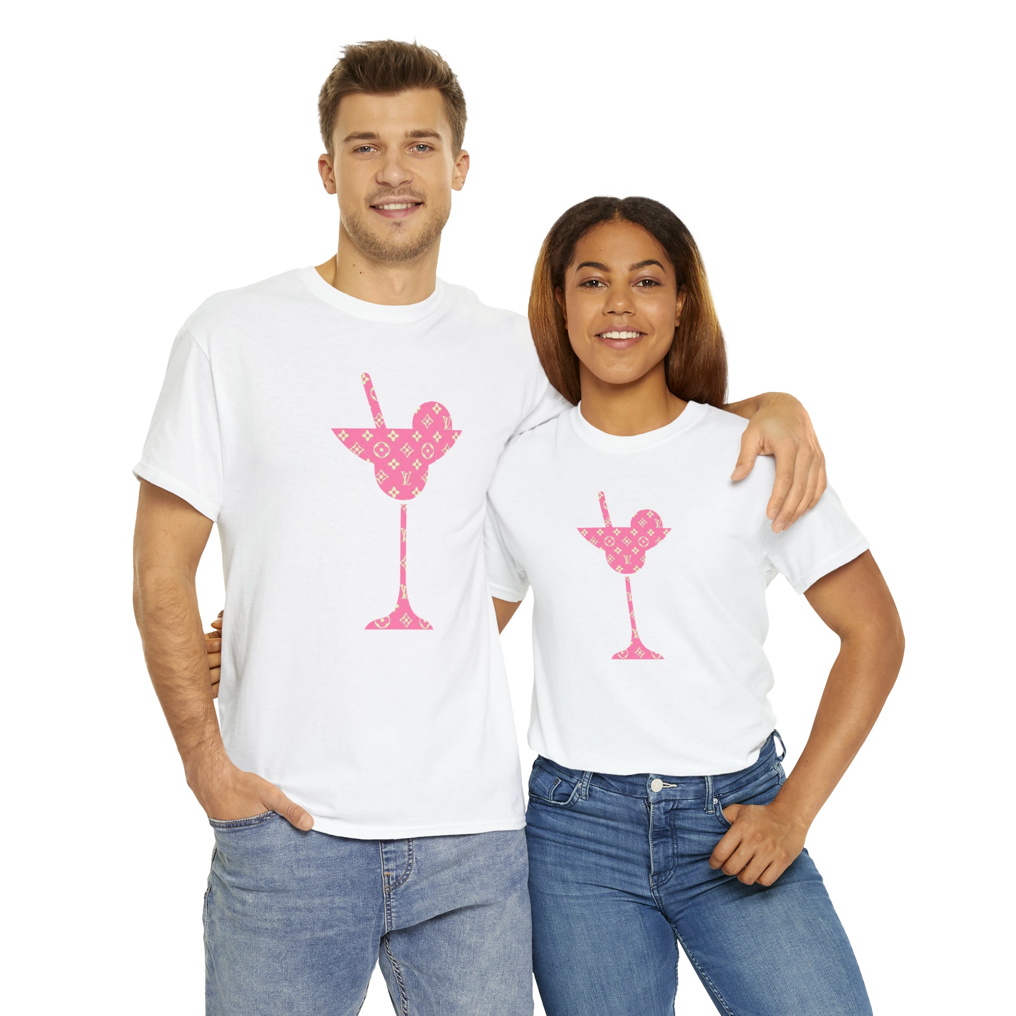 Abby Pattern in Pink and Beige Martini Glass Unisex Relaxed Fit Heavy Cotton Tee, Graphic Loose Fit Tshirt