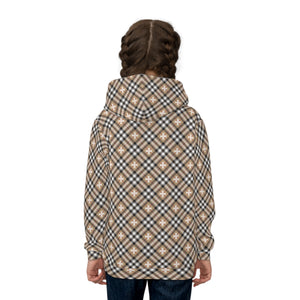  Beige Plaid Plus Sign Children's Hoodie, Pullover Sweater for Children, Kids Fashion Wear All Over Prints