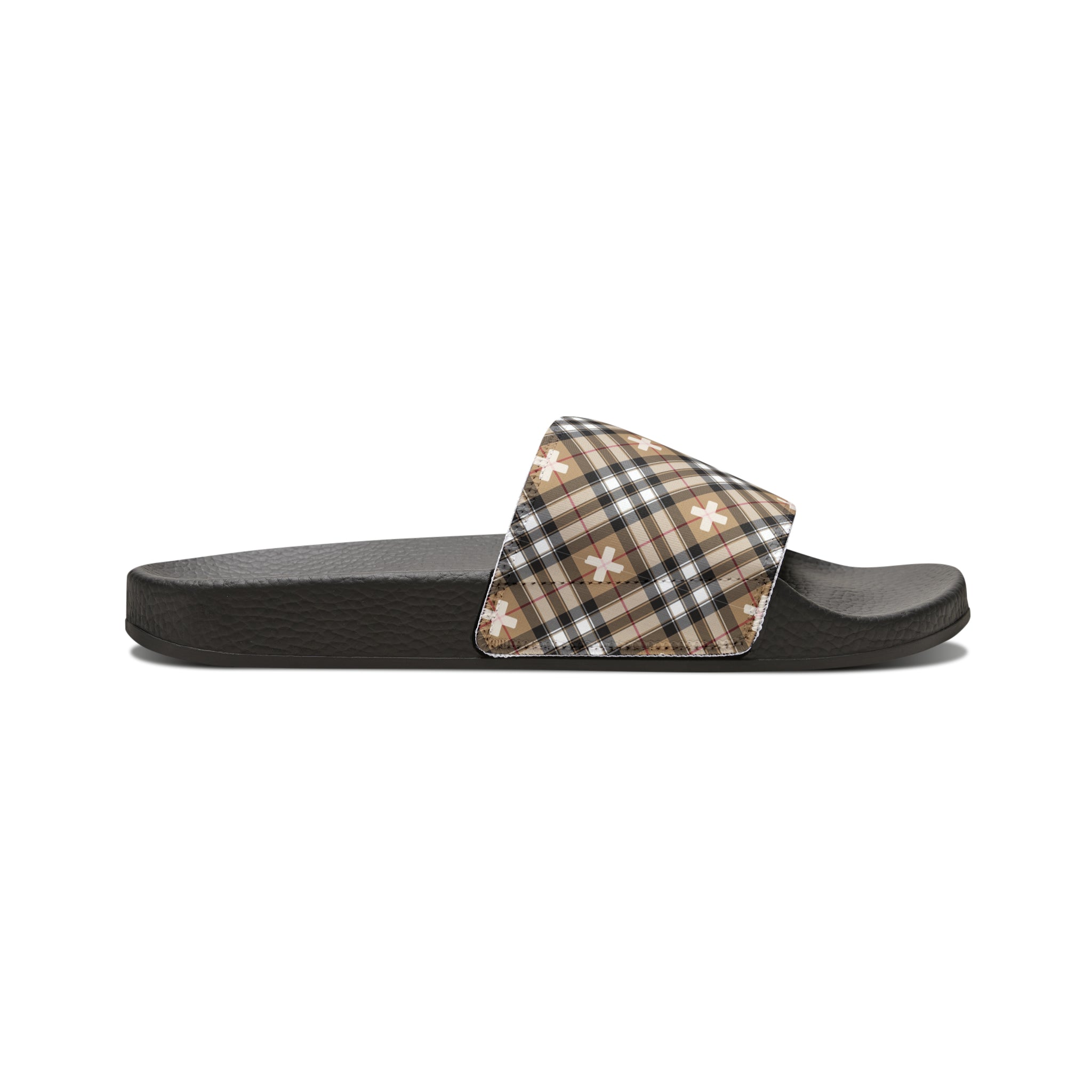 Beige Plaid Plus Sign Men's Slide Sandals, Summer Slide Sandals for Men