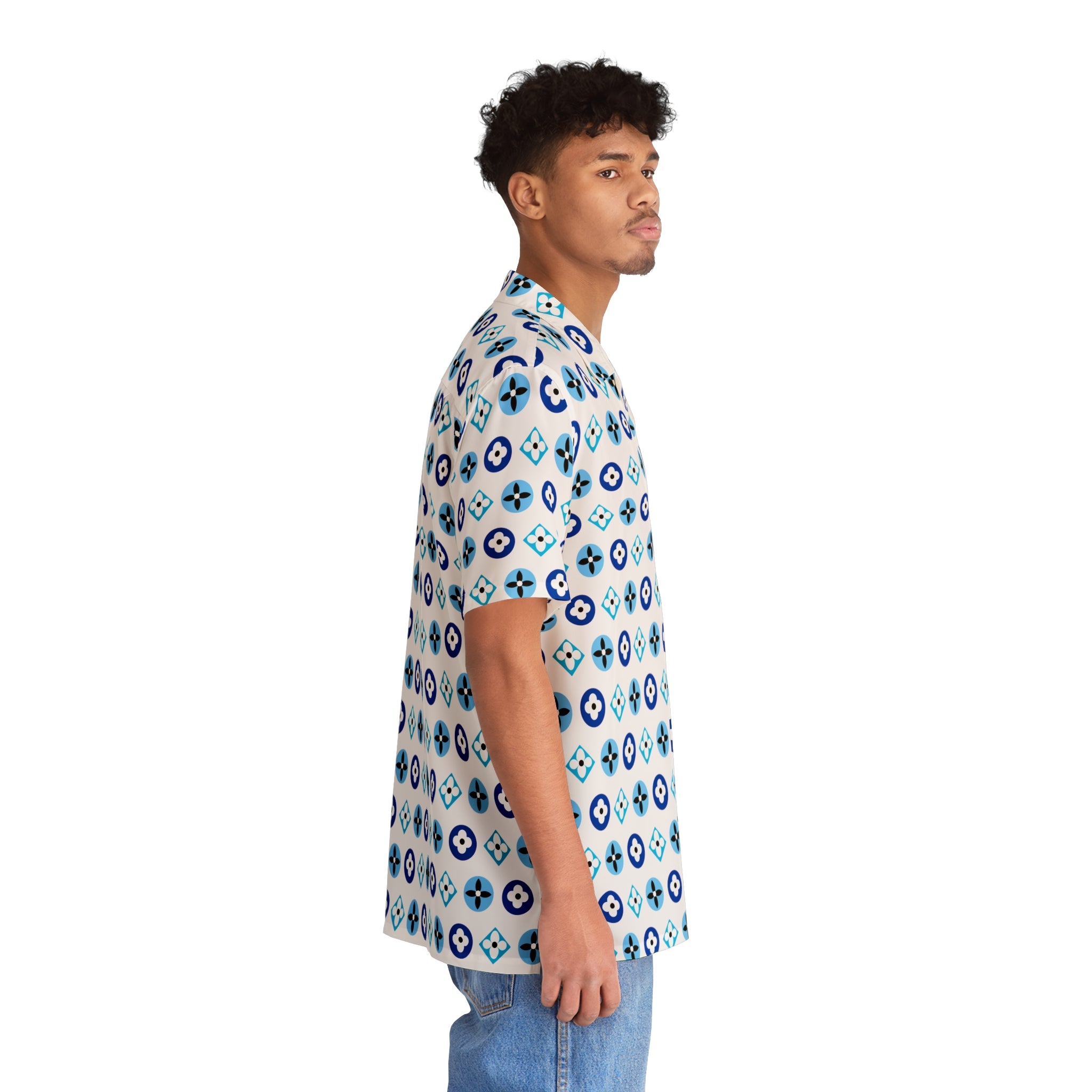 Groove Collection Trilogy of Icons Pattern (Blues) Unisex Gender Neutral White Button Up Shirt, Hawaiian Shirt