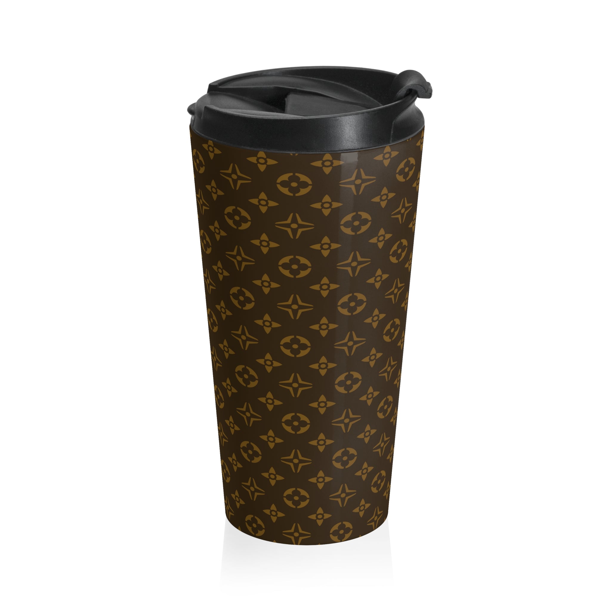  Brown and Gold Icons Stainless Steel Travel Mug, Patterned Coffee Cup, Cute Travel Mug, Stainless Steel Cup Travel Mug