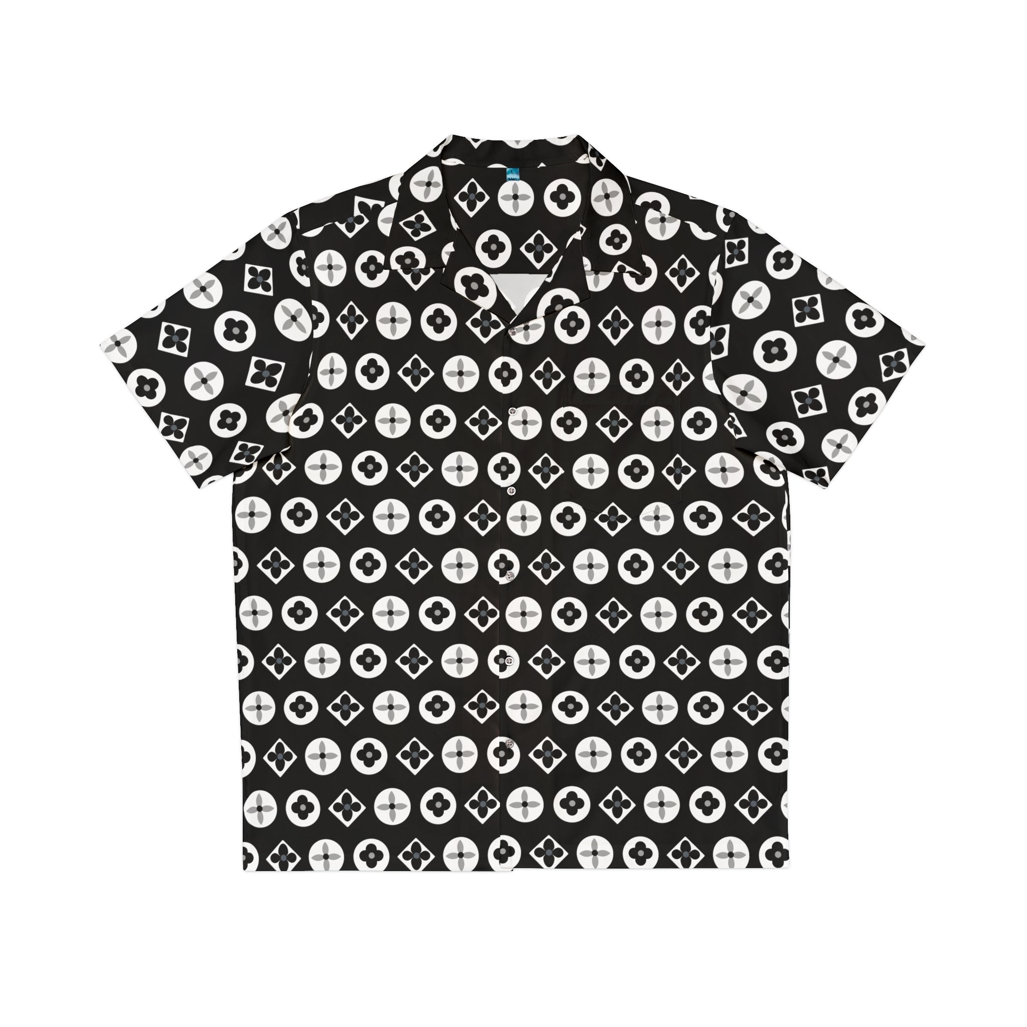 Groove Collection Trilogy of Icons Pattern (Black, White) Unisex Gender Neutral Black Button Up Shirt, Hawaiian Shirt