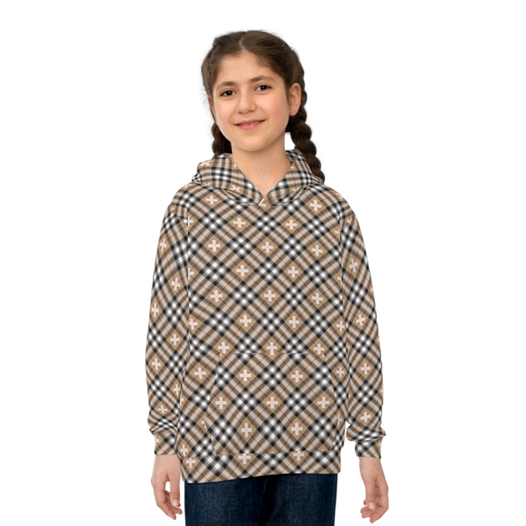  Beige Plaid Plus Sign Children's Hoodie, Pullover Sweater for Children, Kids Fashion Wear All Over PrintsXL