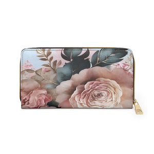 The Vintage Creamy Peach and Rose Women' Bloom Wallet, Zipper Pouch, Coin Purse, Zippered Wallet, Cute Purse