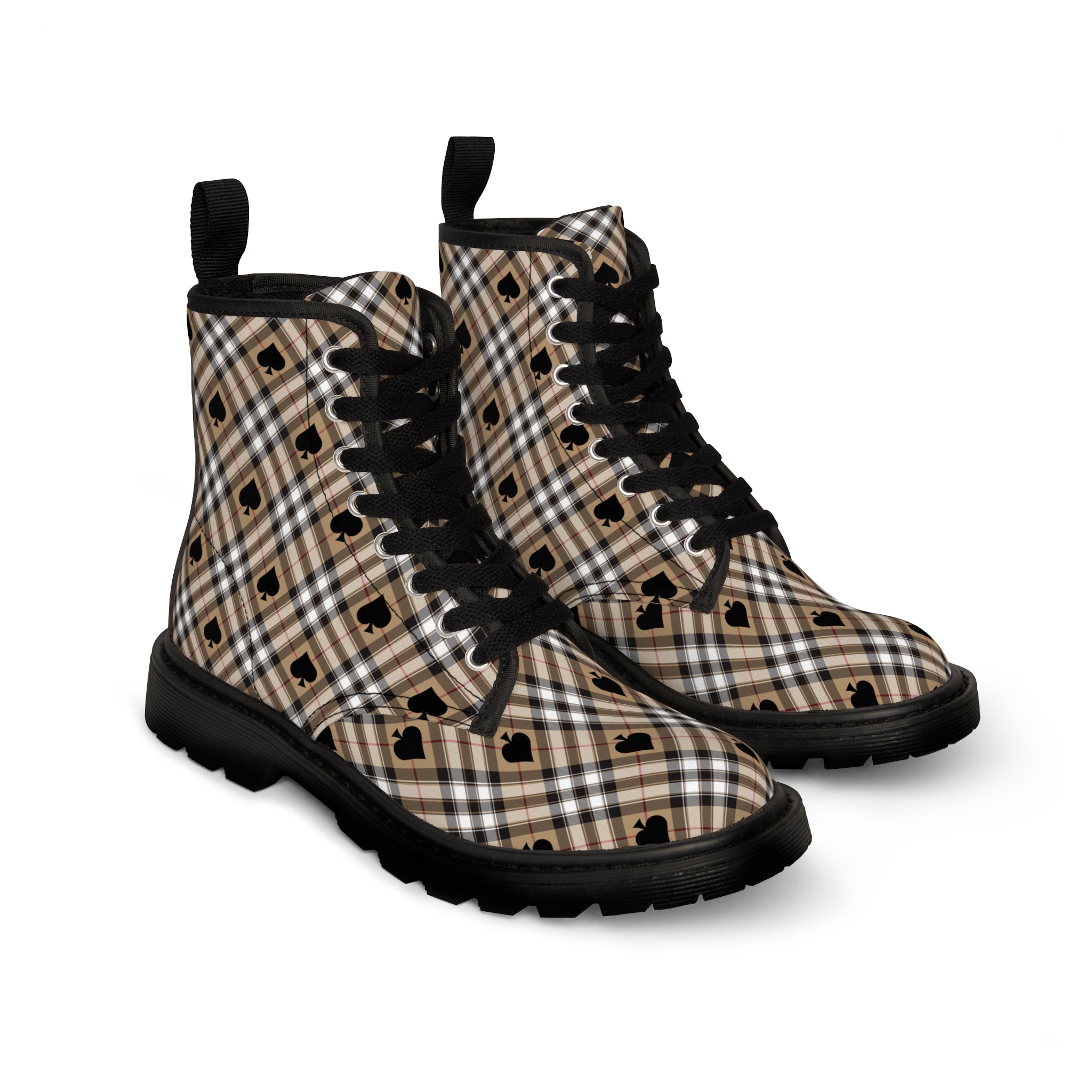  Ace of Spades in Beige Plaid Women's Canvas Boots, Military Style Lace Up Boots, Women's Canvas Boots Shoes