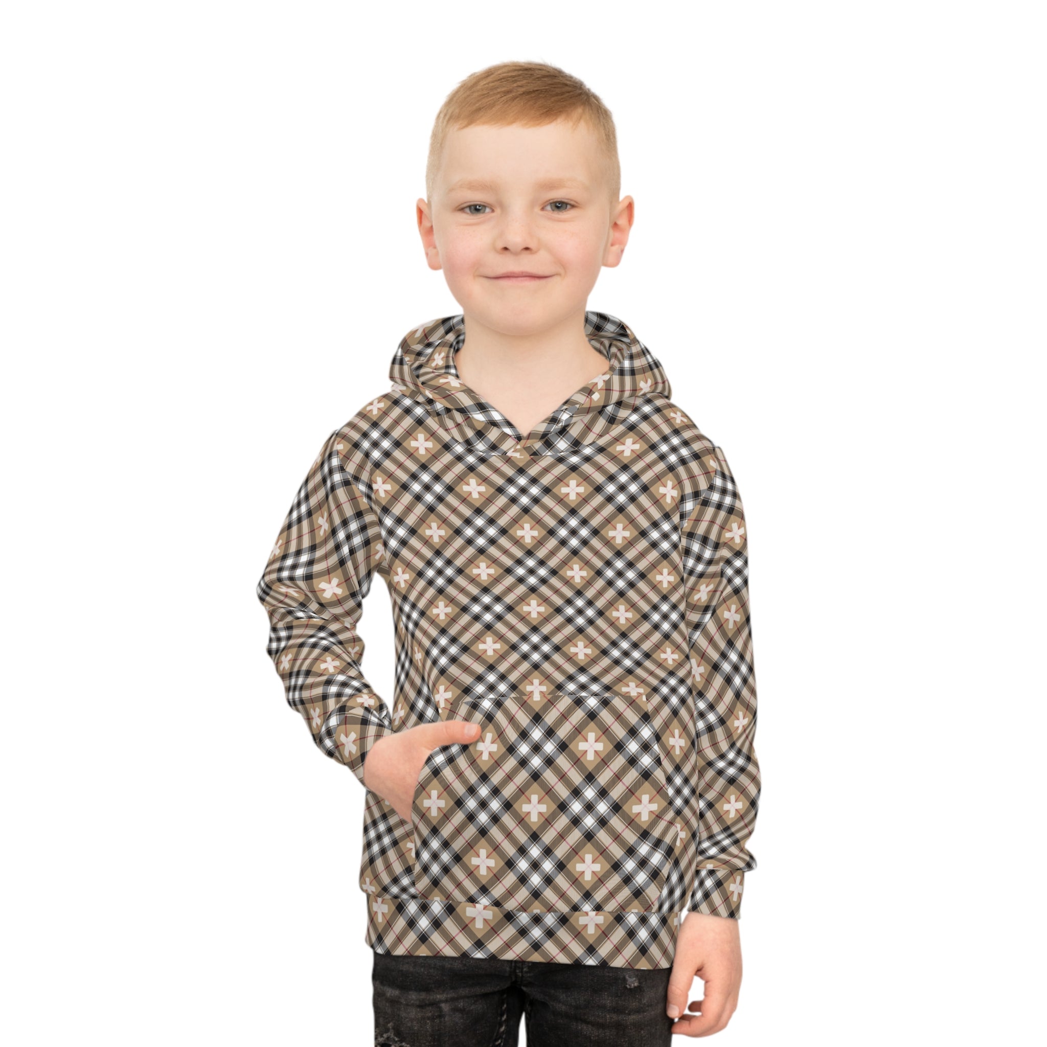 Beige Plaid Plus Sign Children's Hoodie, Pullover Sweater for Children, Kids Fashion Wear