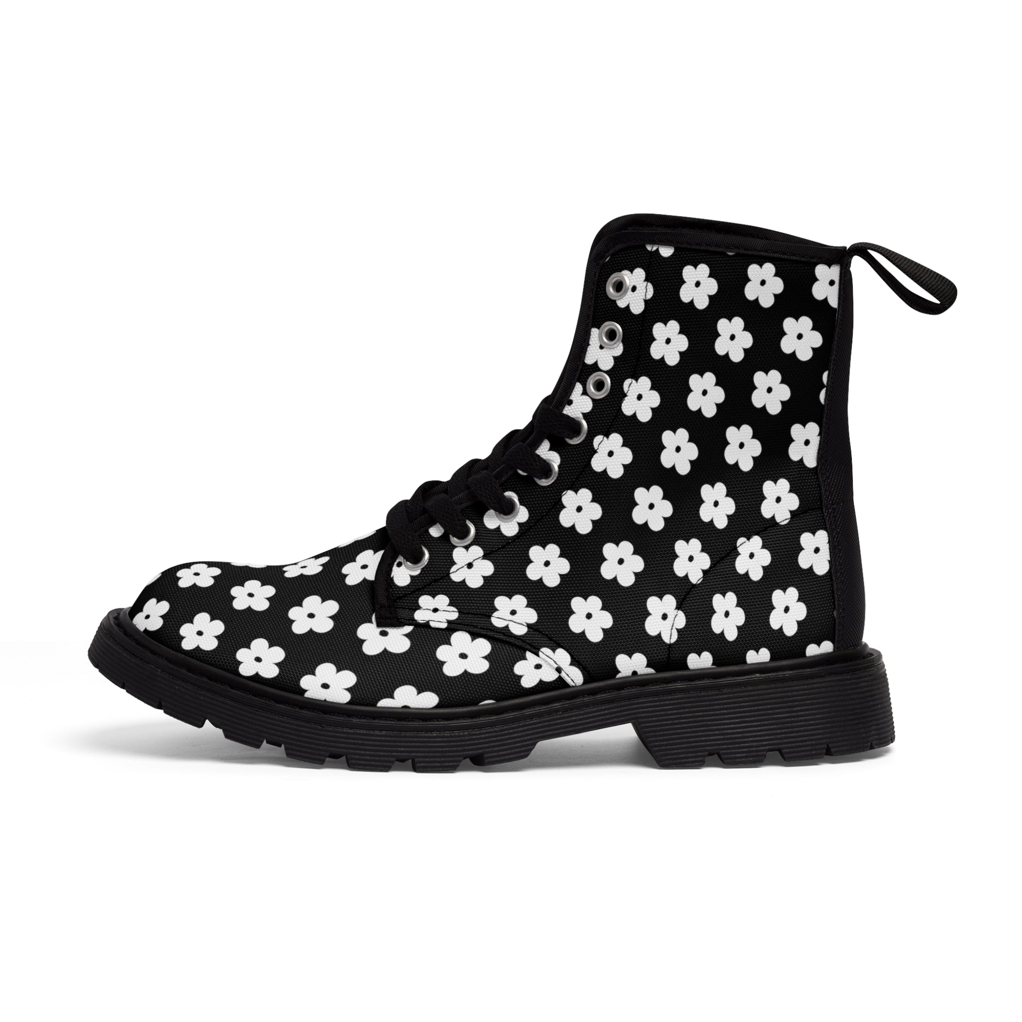 JUST BLOOM (White Pattern) Women's Black Canvas Boots Shoes  The Middle Aged Groove