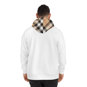  Groove Collection in Plaid (Red Line) Large Print Hood and Pocket Contrast Pullover Fashion Hoodie in White, Men's Plaid Contrast Hoodie Hoodie