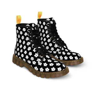JUST BLOOM (White Pattern) Women's Black Canvas Boots Shoes  The Middle Aged Groove