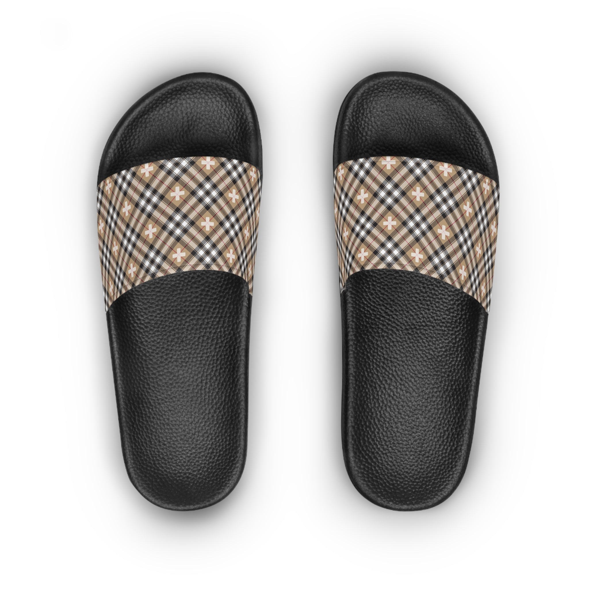  Beige Plaid Plus Sign Women's Slide Sandals, Slide Sandals for Women, Plaid Slip Ons ShoesBlacksoleUS10