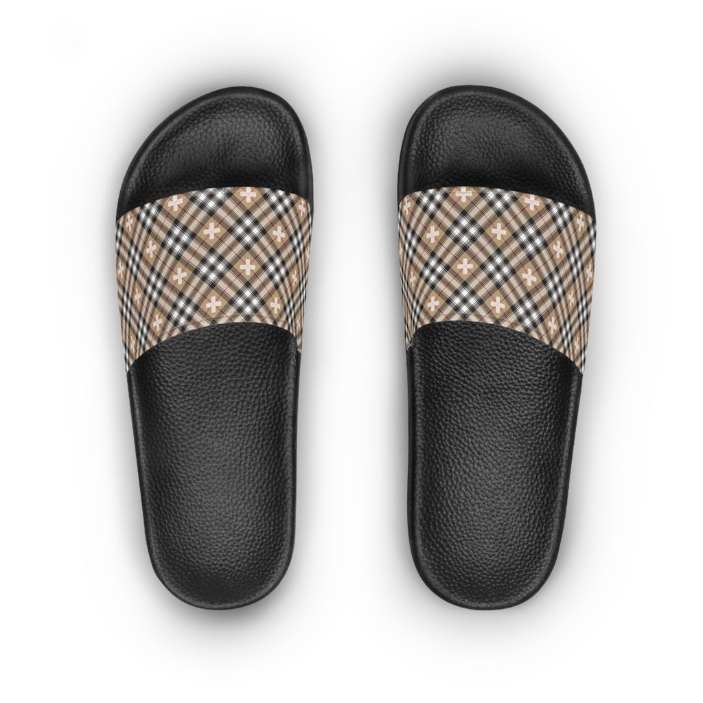  Beige Plaid Plus Sign Women's Slide Sandals, Slide Sandals for Women, Plaid Slip Ons ShoesBlacksoleUS6