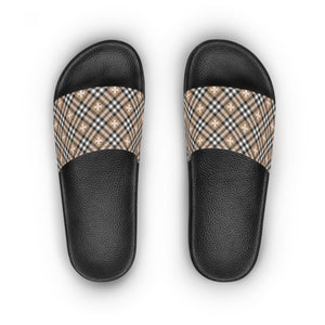  Beige Plaid Plus Sign Women's Slide Sandals, Slide Sandals for Women, Plaid Slip Ons ShoesBlacksoleUS12