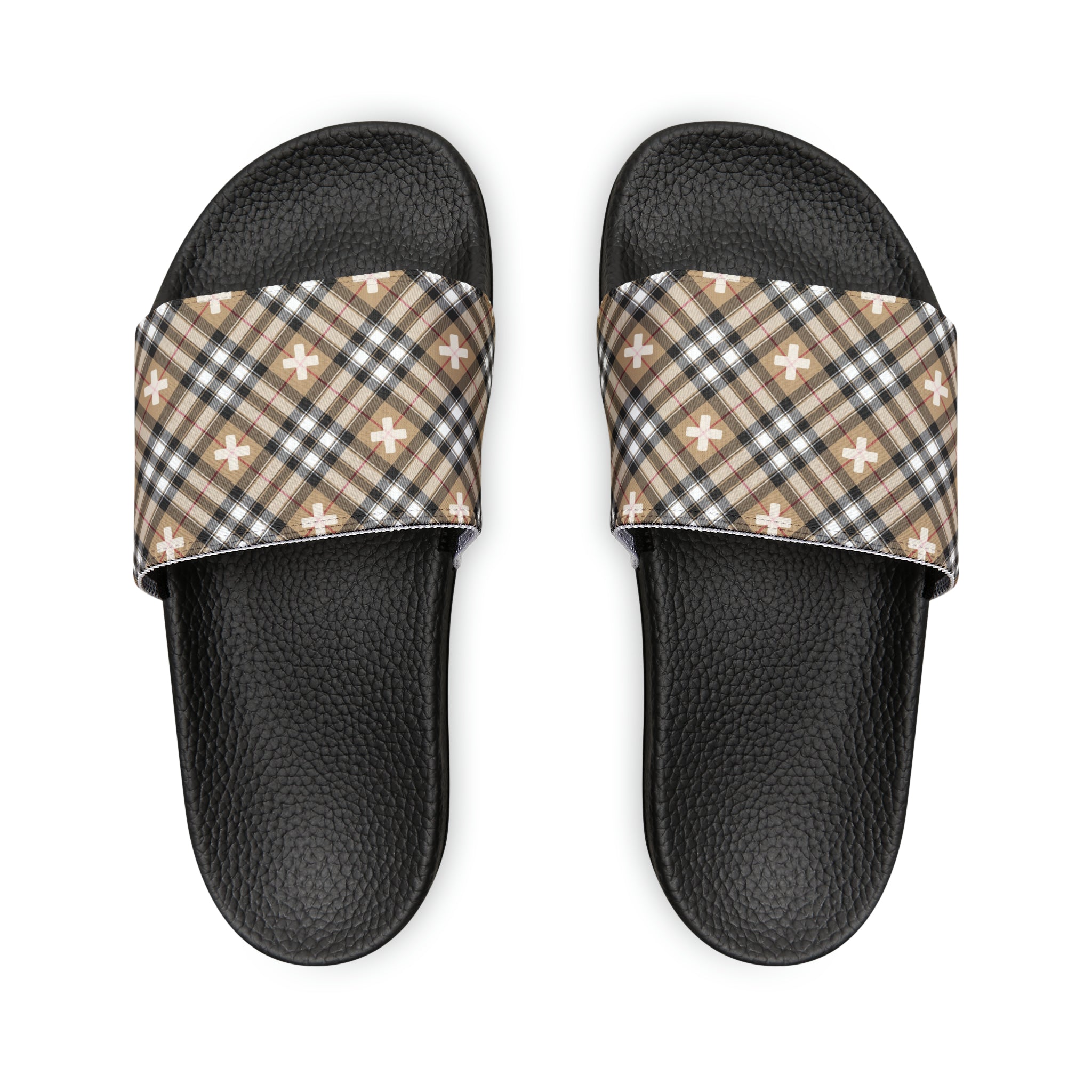  Beige Plaid Plus Sign Men's Slide Sandals, Summer Slide Sandals for Men ShoesBlackUS14
