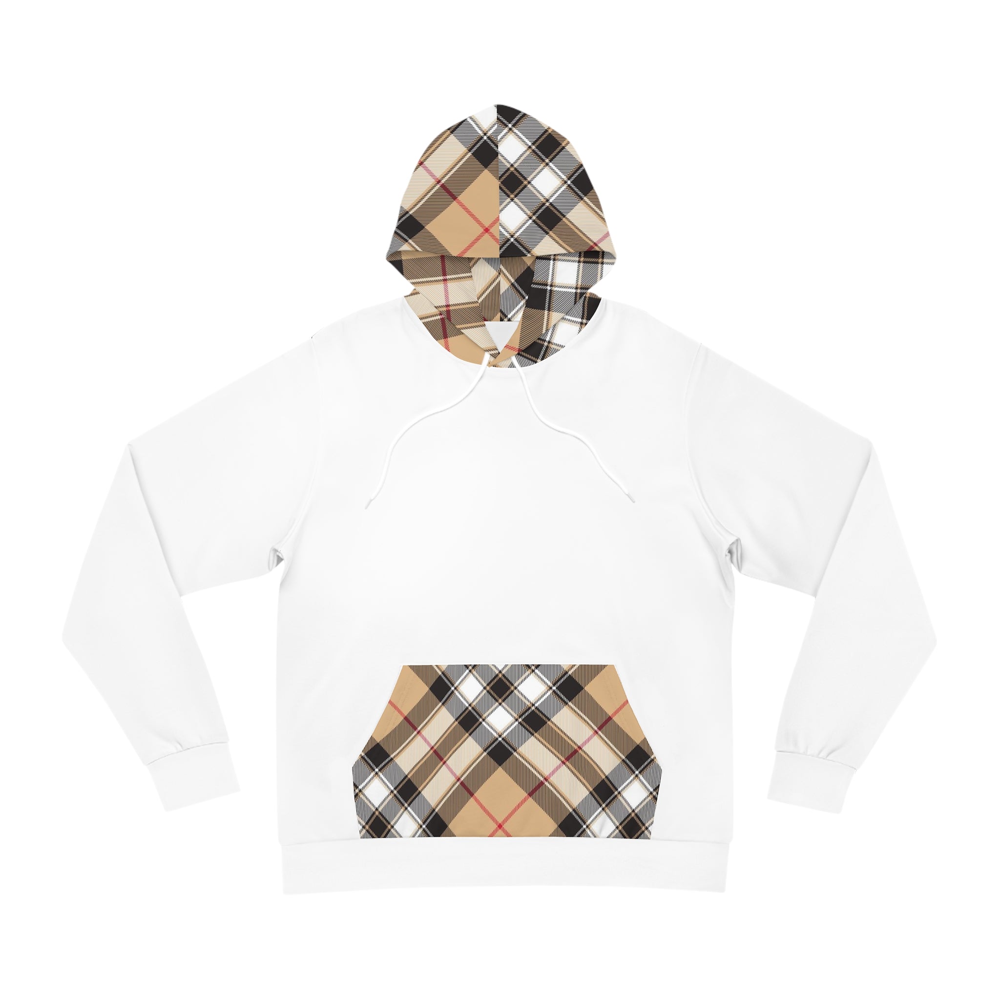  Groove Collection in Plaid (Red Line) Large Print Hood and Pocket Contrast Pullover Fashion Hoodie in White, Men's Plaid Contrast Hoodie HoodieLSeamthreadcolorautomaticallymatchedtodesign