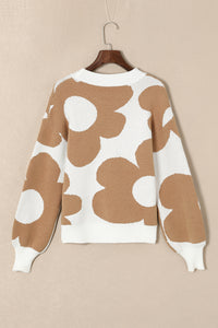 Khaki Big Flower Pattern Drop Shoulder Sweater Tops  The Middle Aged Groove