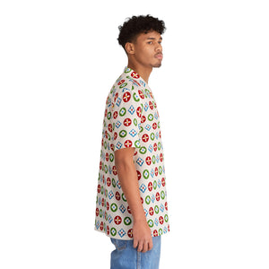  Groove Collection Trilogy of Icons Pattern (Red, Green, Blue) White Unisex Gender Neutral Button Up Shirt, Hawaiian Shit Men's Shirts