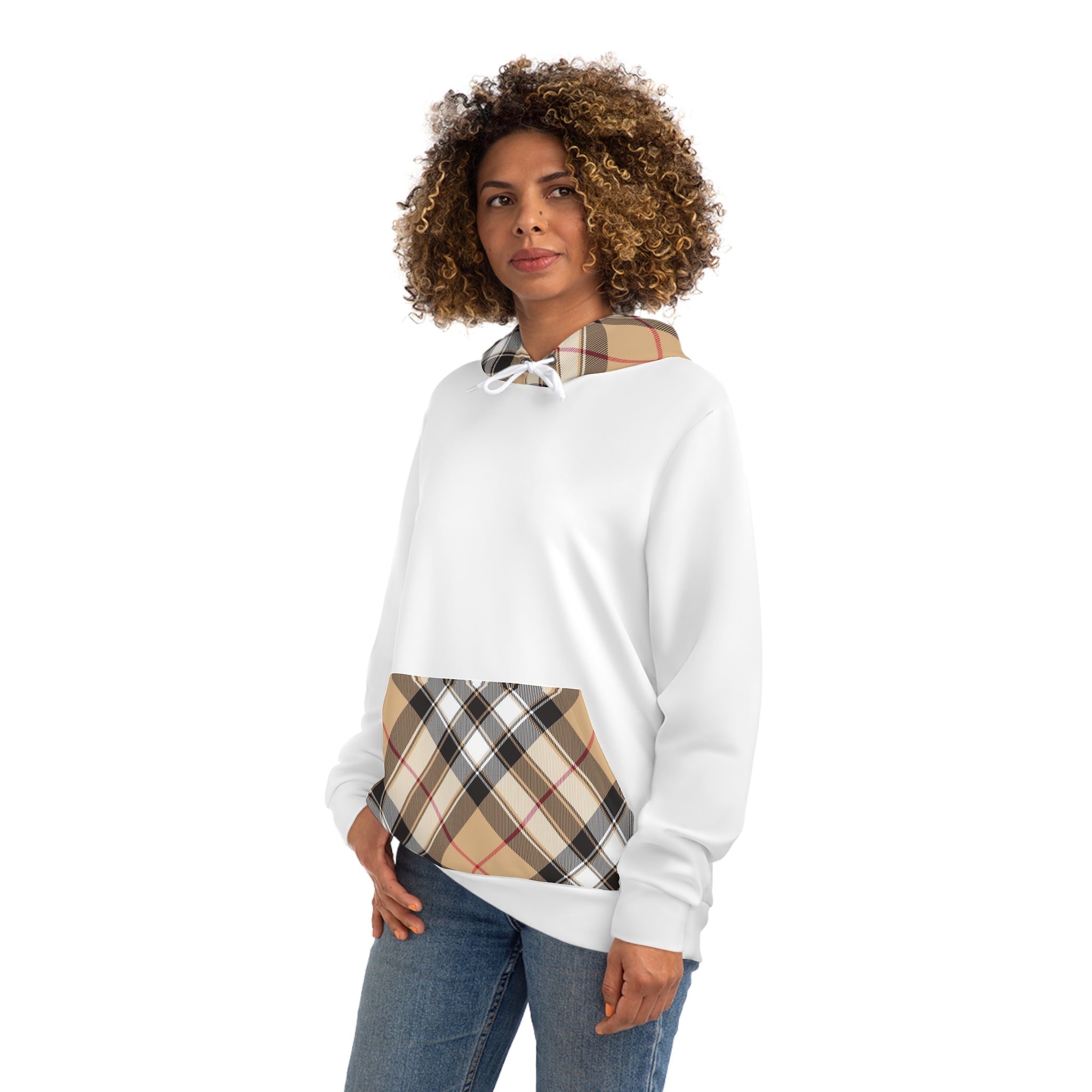 Groove Collection in Plaid (Red Line) Large Print Hood and Pocket Contrast Pullover Fashion Hoodie in White, Men's Plaid Contrast Hoodie