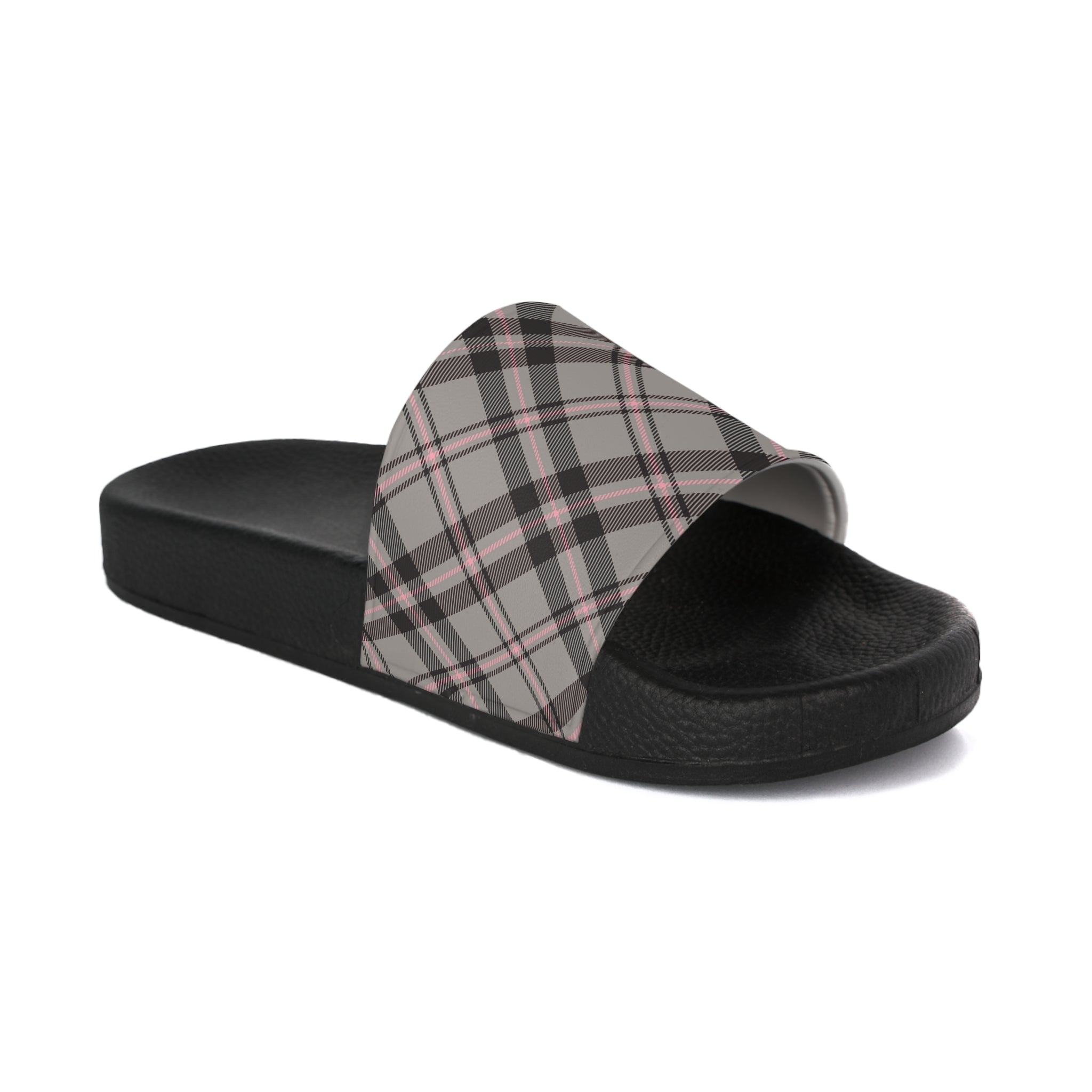  Abby Pattern in Gray and Pink Women's Slide Sandals, Slide Sandals for Women, Plaid Slip Ons Shoes