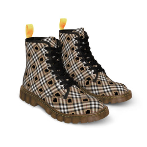  Ace of Spades in Beige Plaid Women's Canvas Boots, Military Style Lace Up Boots, Women's Canvas Boots Shoes
