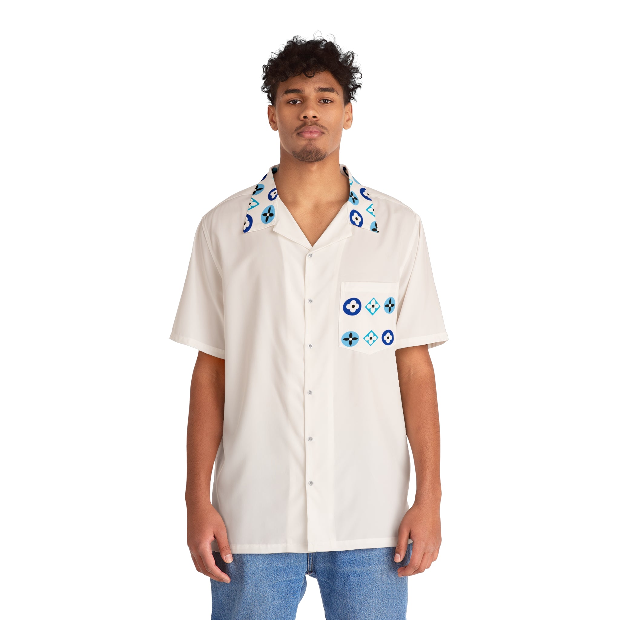  Groove Collection Trilogy of Icons Pocket Grid (Blues) White Unisex Gender Neutral Button Up Shirt, Hawaiian Shirt Shirts