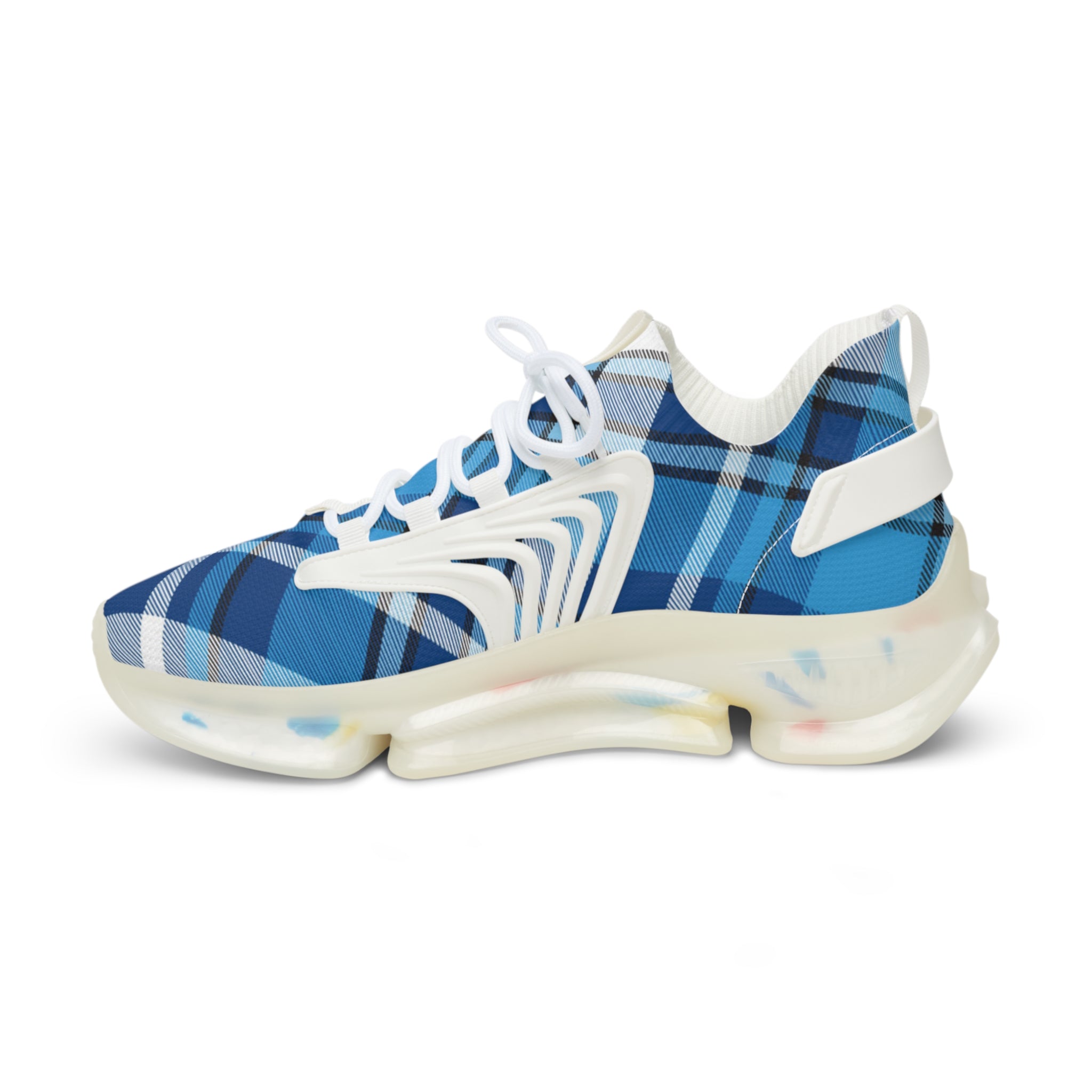 Groove Fashion Collection Blue Plaid Men's Mesh Sneakers with Black or White Sole