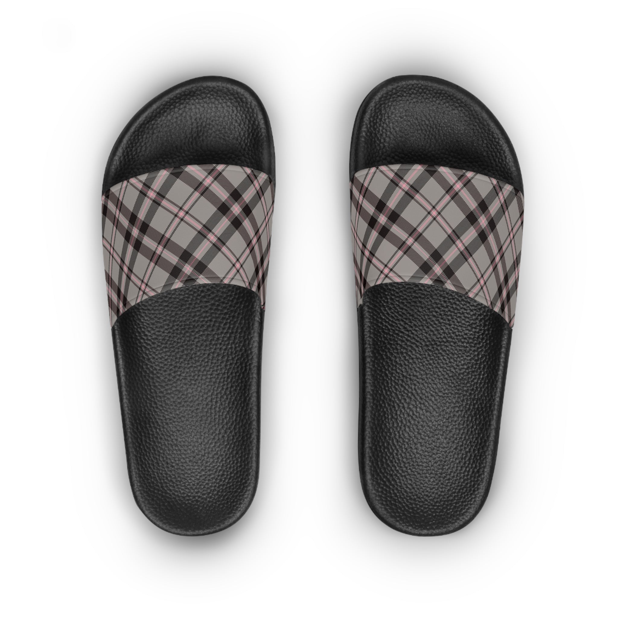  Abby Pattern in Gray and Pink Women's Slide Sandals, Slide Sandals for Women, Plaid Slip Ons ShoesBlacksoleUS6