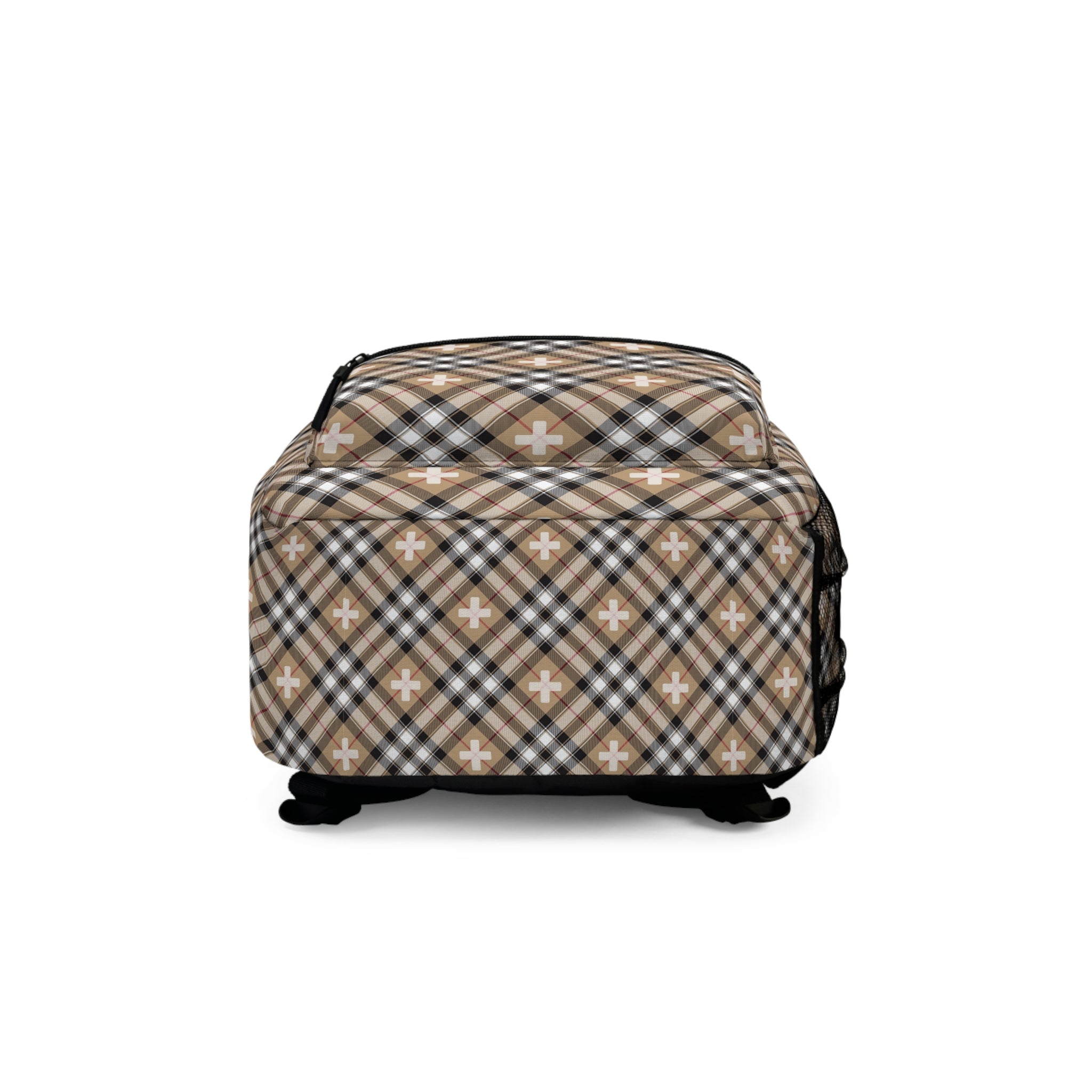  Abby Beige Pattern "Plus Sign" Backpack, Unisex Plaid Backpack Bags