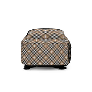 Abby Beige Pattern "Plus Sign" Backpack, Unisex Plaid Backpack
