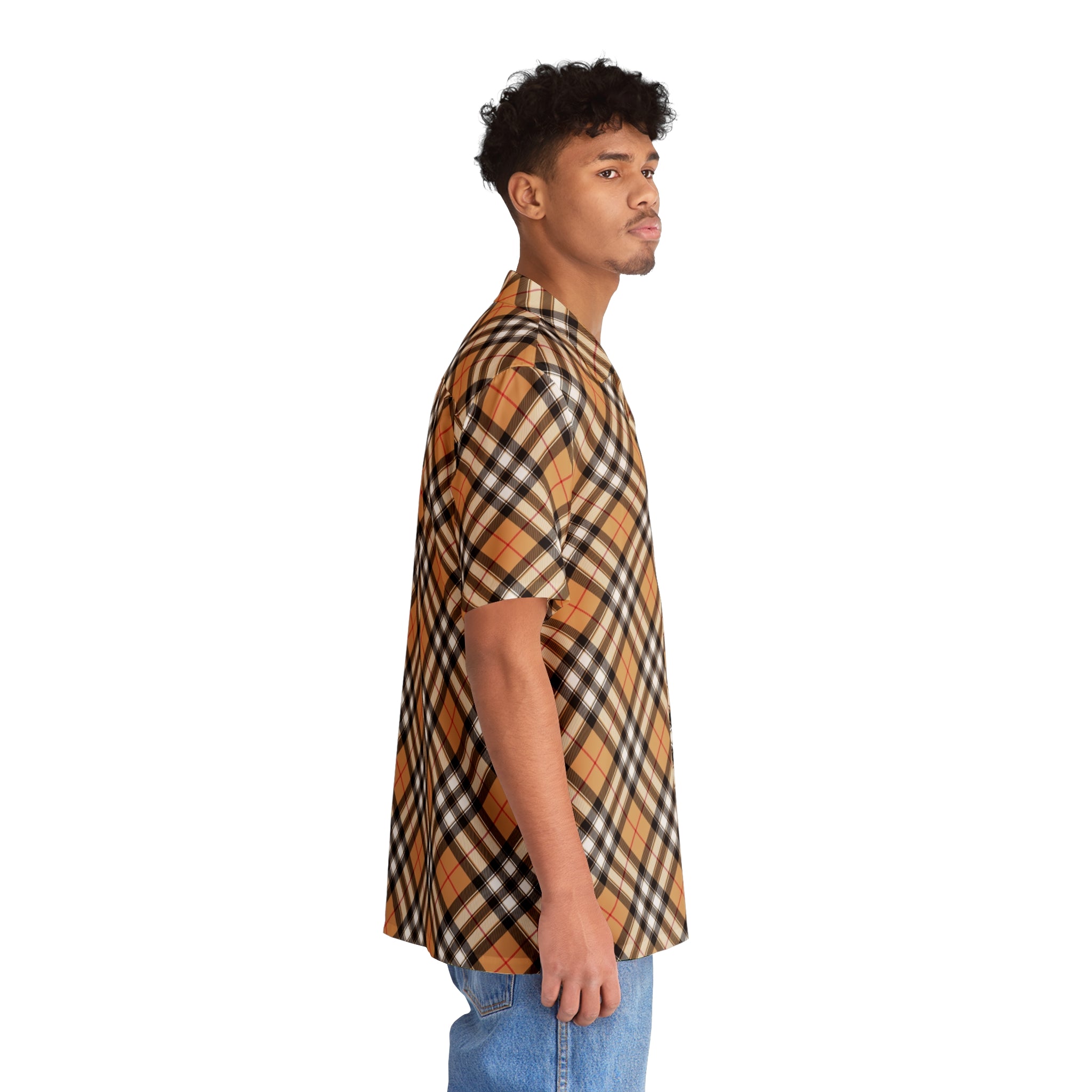  Groove Collection in Plaid (Red Stripe) Button Up Shirt, Hawaiian Shirt Men's Shirts