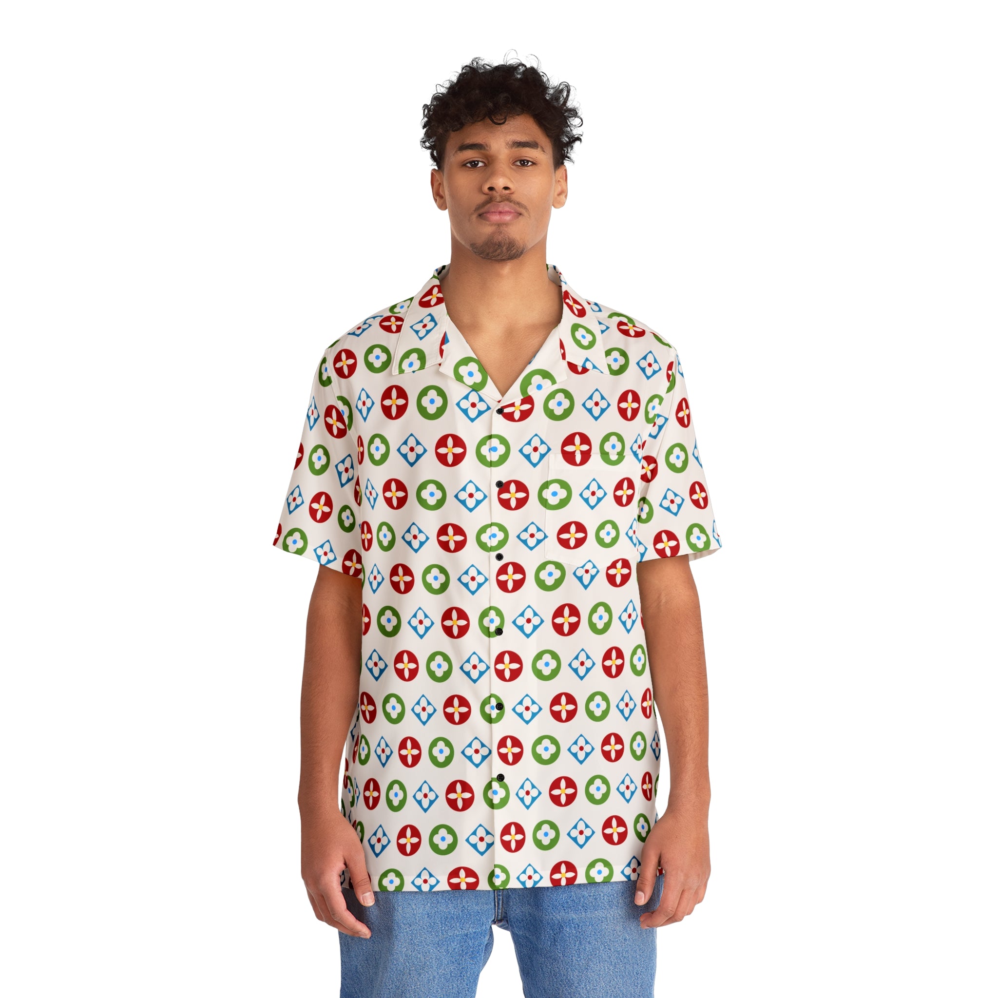 Groove Collection Trilogy of Icons Pattern (Red, Green, Blue) White Unisex Gender Neutral Button Up Shirt, Hawaiian Shit