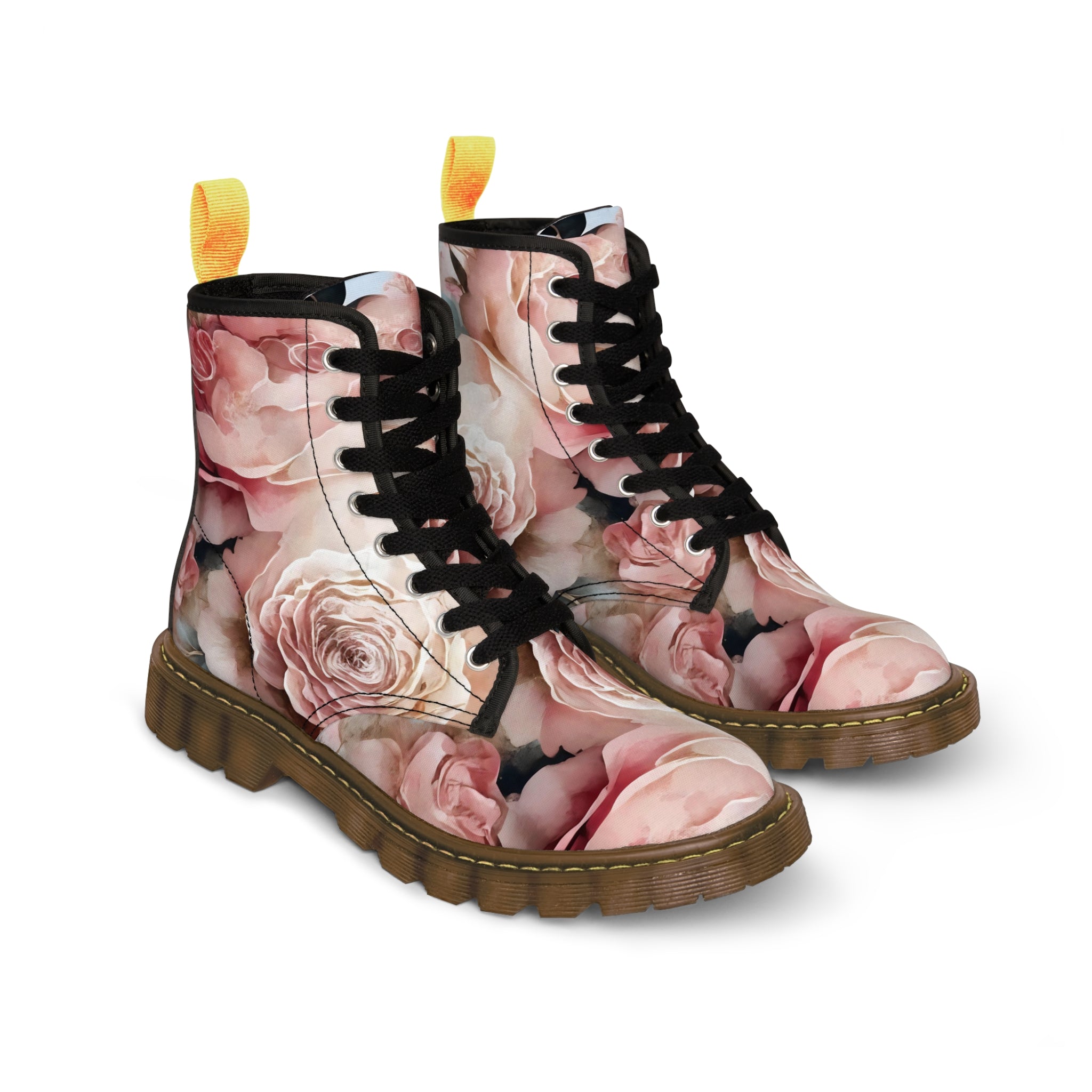 The Vintage Creamy Peach and Rose Women's Bloom Canvas Boots, Military Style Lace Up Boots, Women's Canvas Boots
