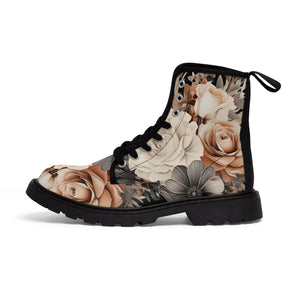 Vintage Gray, Peach and Cream Bloom Women's Canvas Boots, Military Style Lace Up Boots, Women's Flower Canvas Boots