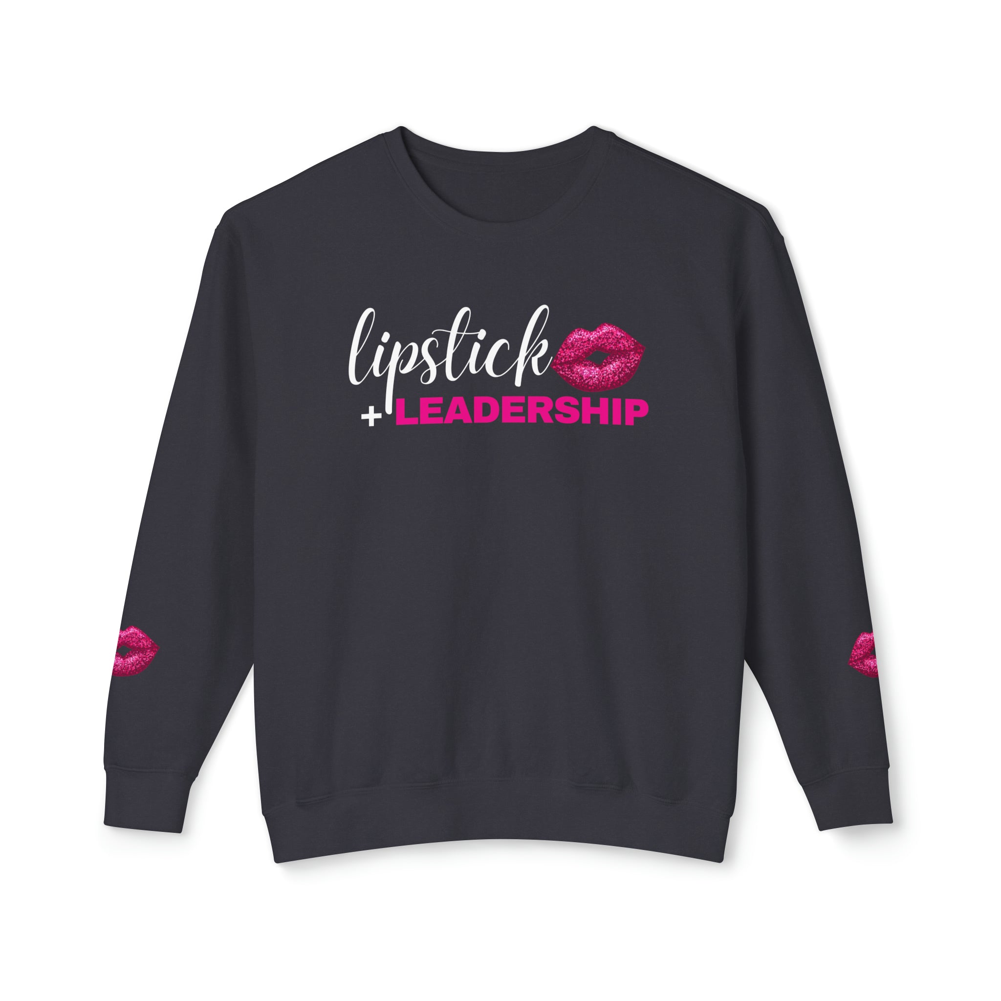 Lipstick + Leadership (Pink Sparkle Lips) Relaxed Fit Lightweight Crewneck Sweatshirt, Makeup Sweatshirt, Beauty Business Sweatshirt Sweatshirt Black-3XL The Middle Aged Groove