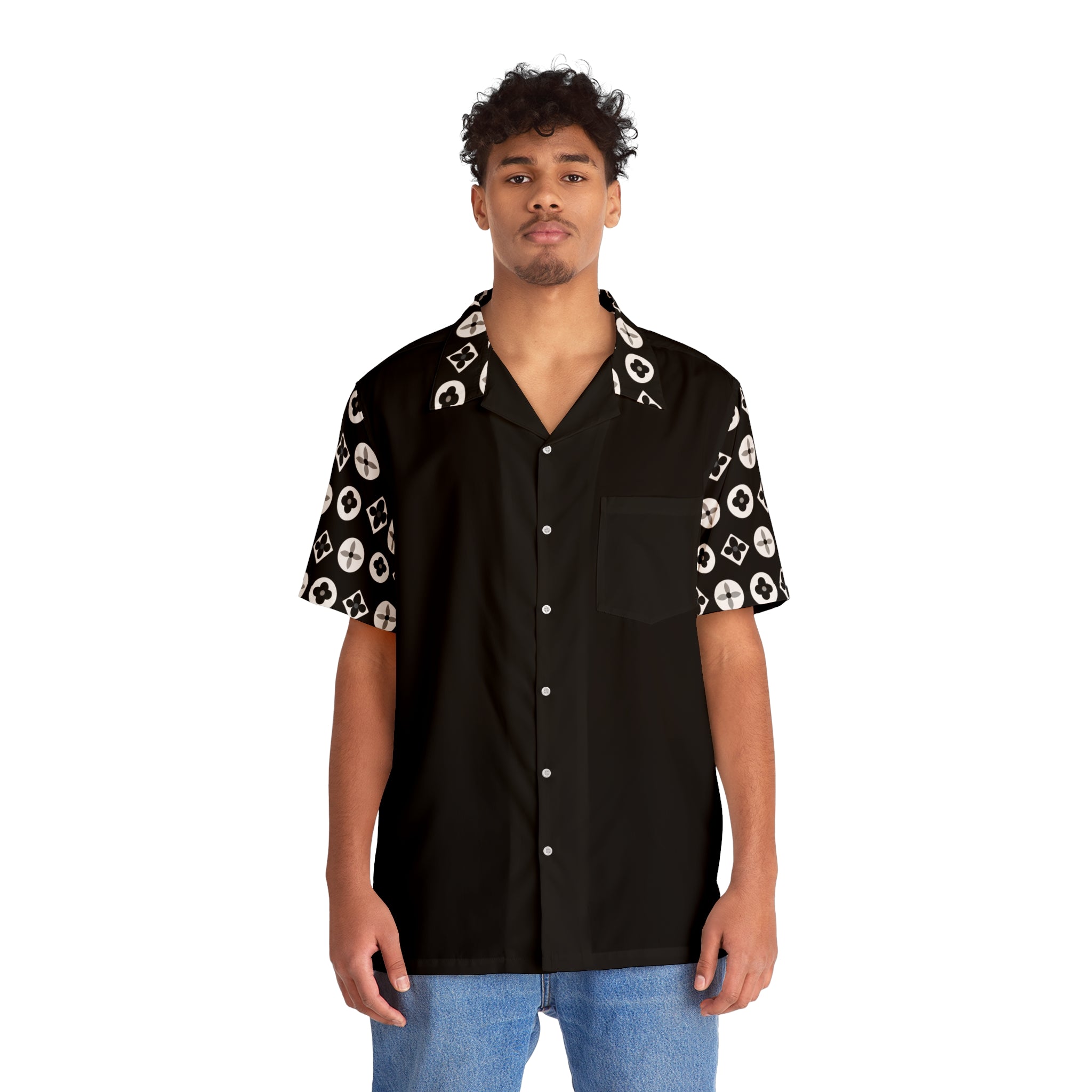 Groove Collection Trilogy of Icons Solid Block (Black, White) Unisex Gender Neutral Black Button Up Shirt, Hawaiian Shirt