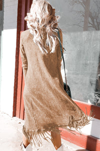 Light French Beige Fringed Hem Pocketed Open Cardigan Tops  The Middle Aged Groove