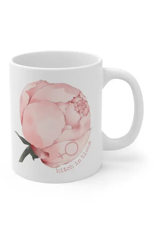 BITCH IN BLOOM (Light Pink Peony) Flower Power White Coffee Mug 11oz