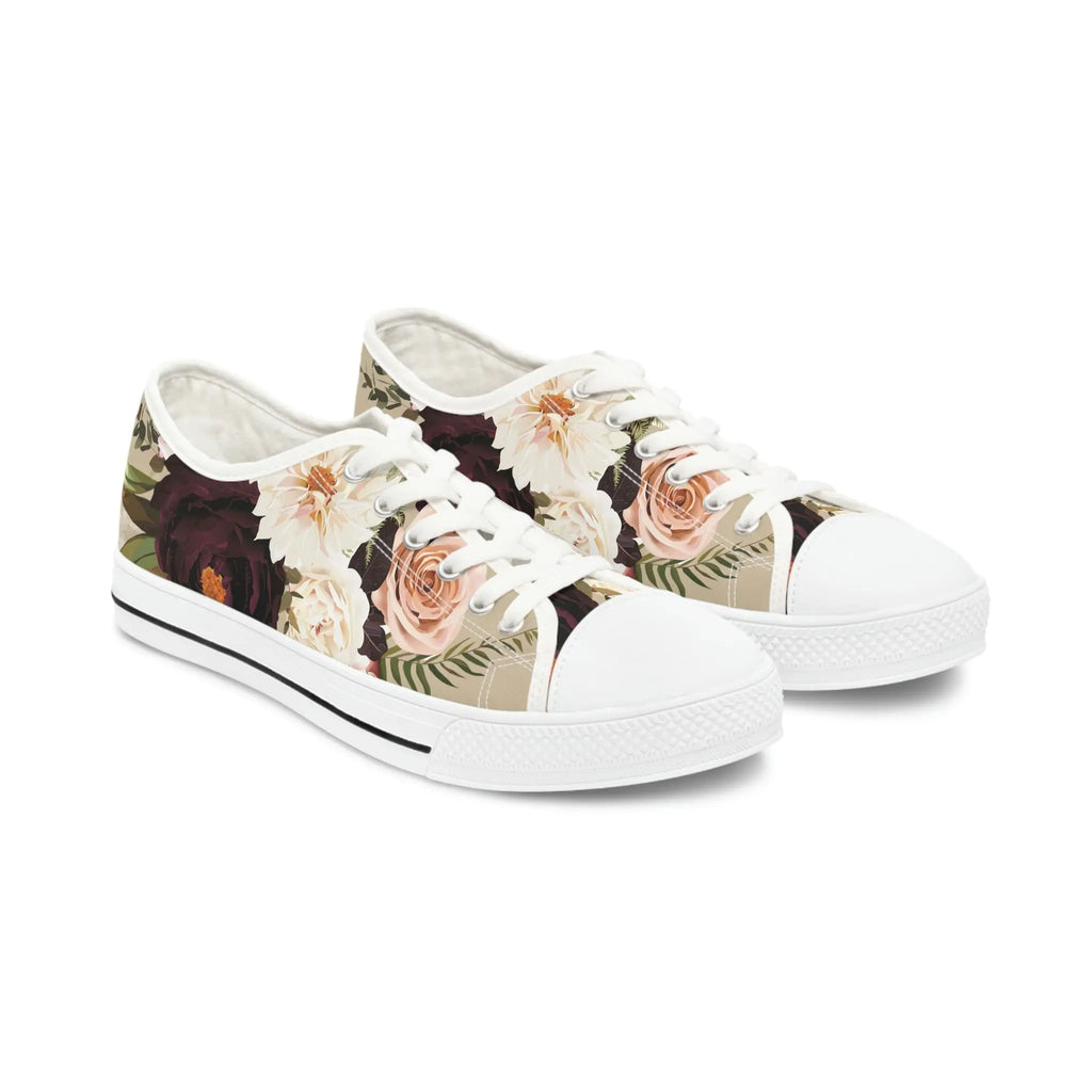  BOHO STAY WILD (Dark Bloom on Beige) Women's Low Top White Canvas Shoes ShoesUS12Whitesole
