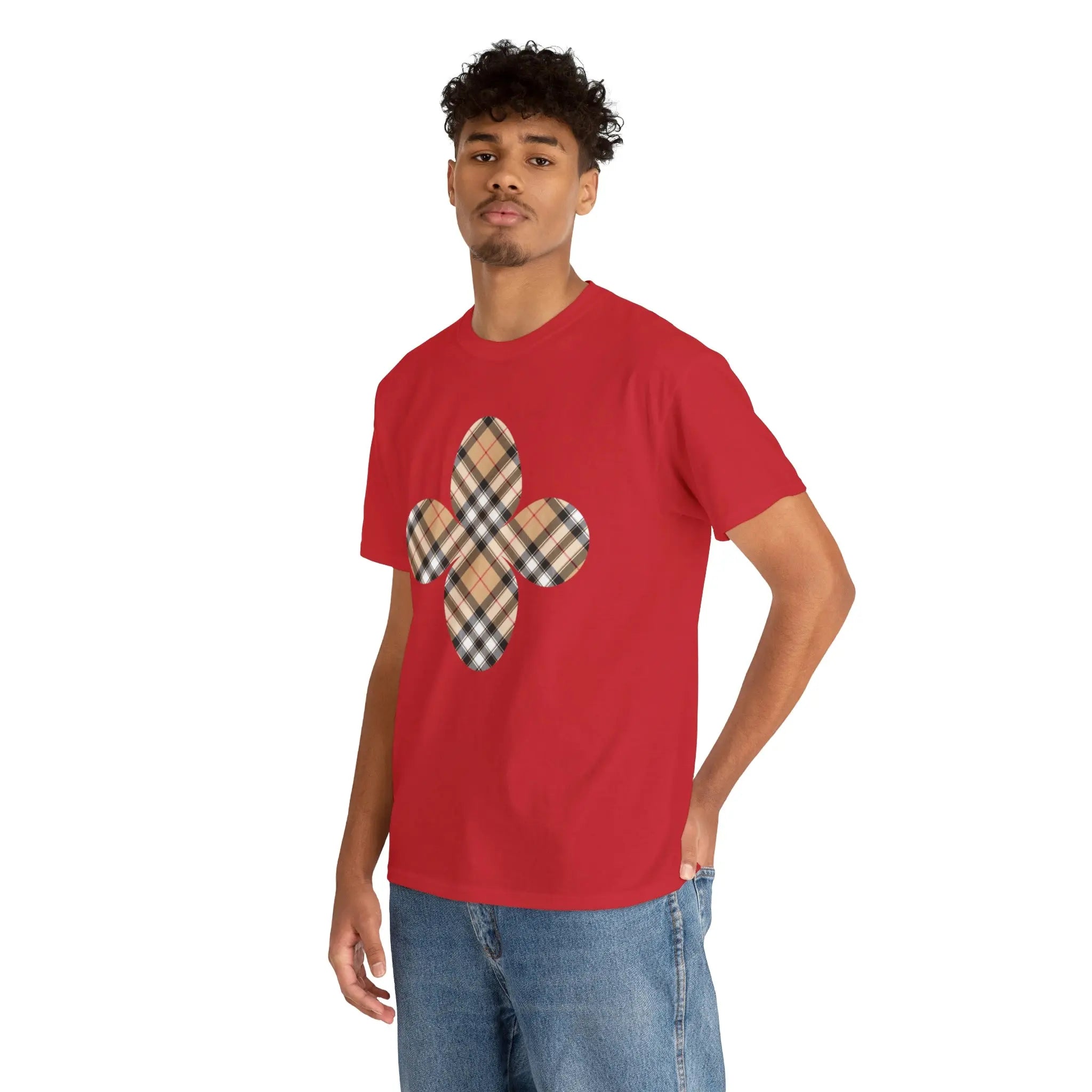  Designer Collection Plaid (Red Stripe) Flower Unisex Relaxed Fit Heavy Cotton Tee T-Shirt