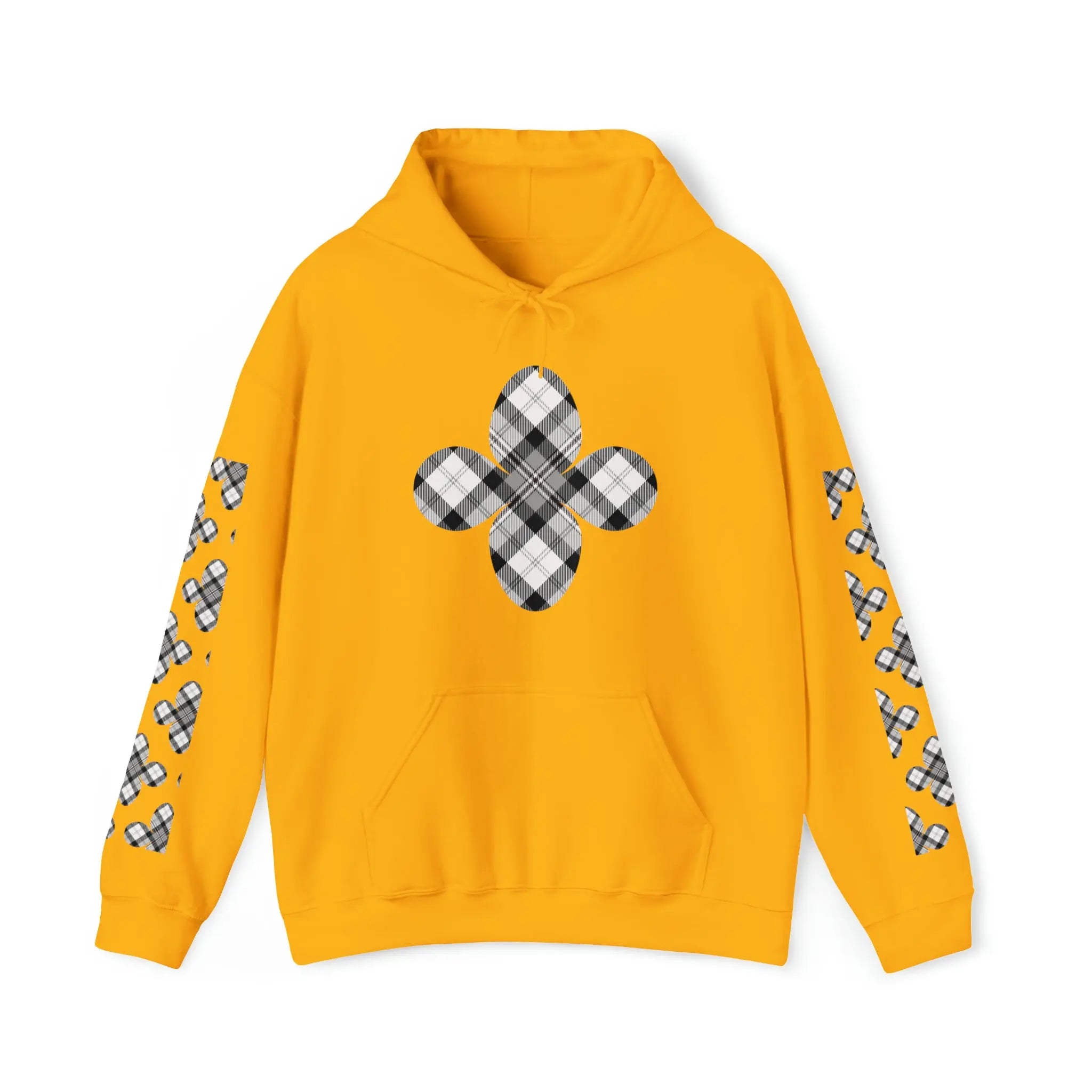  Grey Plaid Pattern Flower with Sleeve Print Unisex Heavy Blend Hooded Sweatshirt HoodieGold5XL